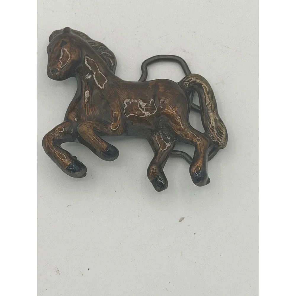 Vintage 1970s MBCI Brass Running Mustang Horse Belt Buckle Enamel Accent USA